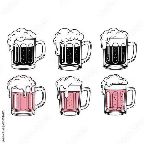 Vector art of collection of beer mugs with foam isolated on white background, vector art