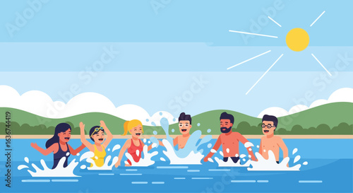 Joyful Friends Enjoying Summer Vacation Swimming Together In The Sea