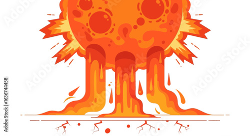 Molten Sphere Releasing Streams Of Bright Orange Liquid On Cracked Surface