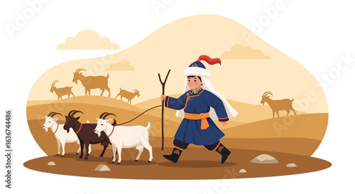 Mongolian boy in traditional costume herding goats across a desert landscape scene