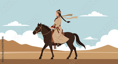 Mongolian Horsewoman Rides Under Blue Sky With Wispy Clouds In Expansive Landscape