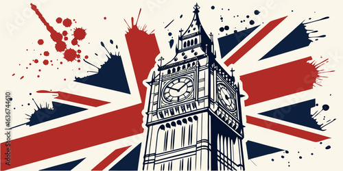 Stylized UK flag background with Big Ben and an England border, representing London’s iconic landmarks.