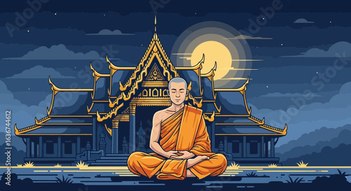 Monk Meditating Under The Moonlight At A Beautiful Thai Temple Scene