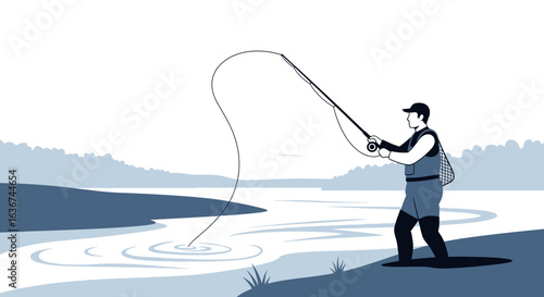 Monochromatic illustration of a fly fisherman casting his line in a river landscape