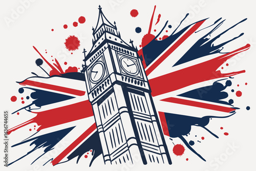 Illustration of Big Ben, London, with a UK flag background and an England border framing the scene.