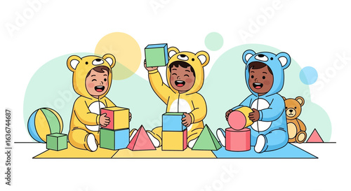 Joyful Little Bears Playtime Engaging Kids Building Toys Together In Nursery