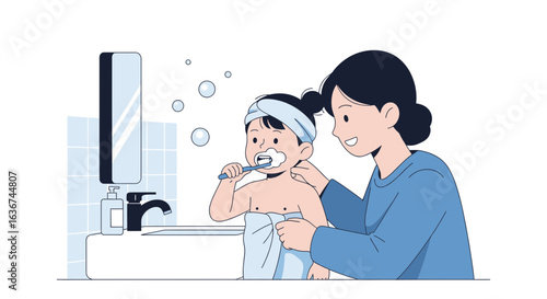 Morning Routine Mother Encouraging Her Child To Brush Their Teeth Together
