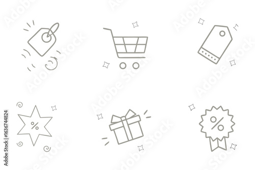 Minimalist Shopping Icons: An array of minimalist line art icons, showcasing the essentials of shopping, including a tag, a shopping cart, a gift box, and percentage symbols.