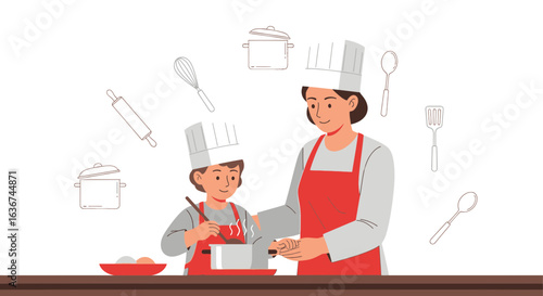 Mother and child cooking together wearing chef hats and red aprons in a bright kitchen setting