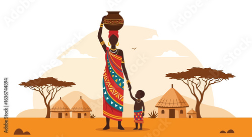 Mother And Child In African Village Landscape With Traditional Huts