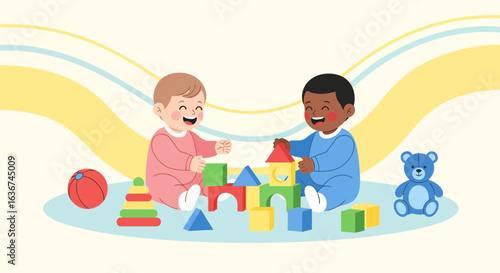 Joyful Toddlers Building Castle Together With Colorful Blocks In Playroom