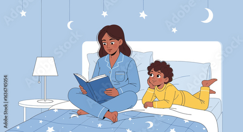 Mother Reads Bedtime Story To Her Child Underneath The Starry Night Sky