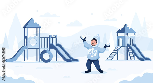 Joyful Winter Day At The Playground With Snowball Fight And Slides