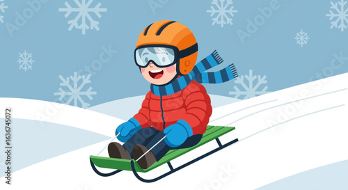 Joyful winter illustration of a boy sledding down a snowy hill with snowflakes gently falling
