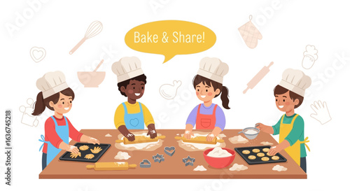 Kids Baking Together Having Fun Learning Recipe At Home Kitchen