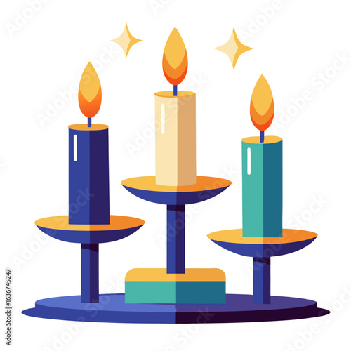 Lit Candles in Holders with Warm Glow and Shadows Vector Illustration