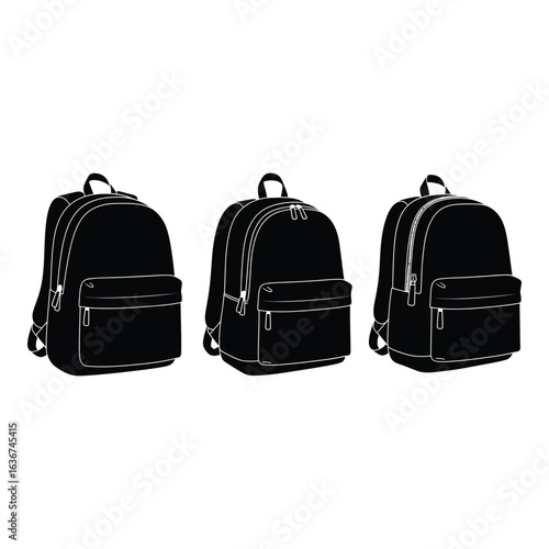 Vector art of three black backpacks isolated on white background in vector illustration