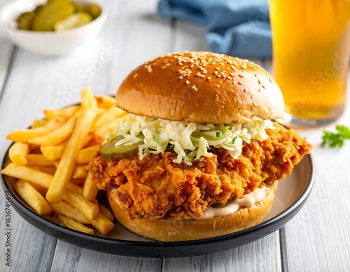Crispy fried chicken sandwich with fries and coleslaw