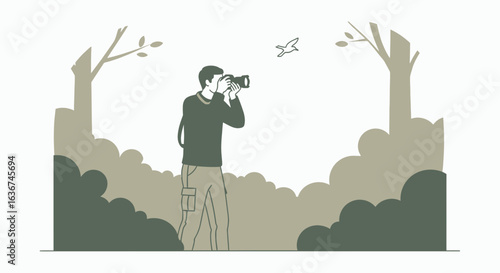 Nature Photographer Capturing Moments Of Bird Flight In Scenic Forest Outdoors