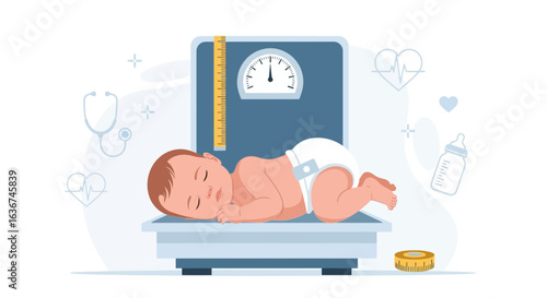 Newborn Baby Growth Monitoring With Measurement Scale And Medical Instruments