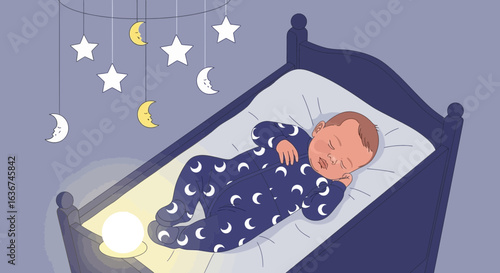 Newborn Dreamland Serenity: Baby Sleeps Peacefully Under Celestial Mobile