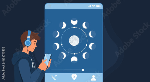Listening Music Using An Application Showing The Cycle Of The Moon On A Mobile Phone