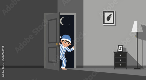 Little Boy Wearing Pajamas Opens Door to Night Outside Illustration