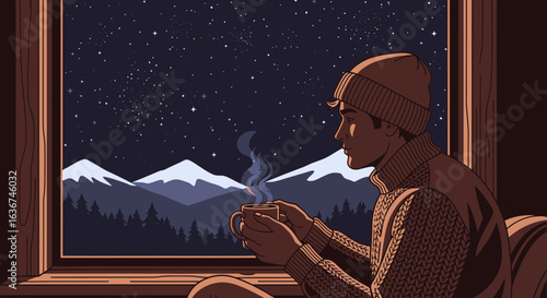 Night Serenity Man Enjoying Hot Drink While Gazing At Snowy Mountains