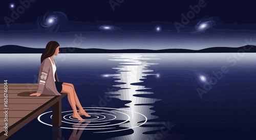 Night Serenity Woman Sitting on Pier Contemplating Celestial Reflections In Calm Lake