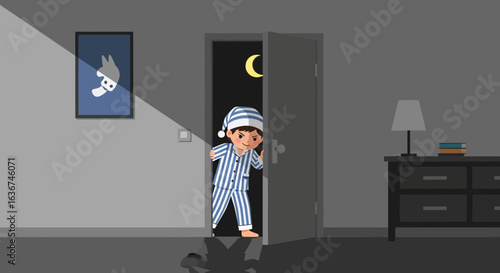 Little Explorer Unveiling Night's Mystery In Pajamas Near Bedroom Door