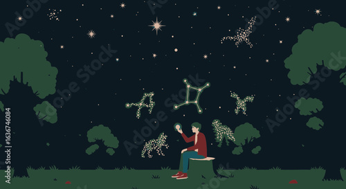Night Sky Gazing Young Man Constellations Exploring Nature Dreamy Setting Illustration