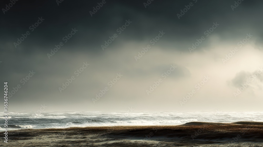 Fototapeta premium Dramatic Coastal Scene with Stormy Skies and Turbulent Sea Waves