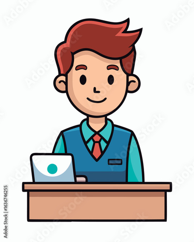 Young male receptionist in business attire sitting at a desk in a modern office. Smiling professional in a casual business setting. Modern office.