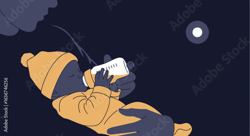 Nighttime Nourishment Mother Feeds Baby Warm Milk Bottle Under Moonlight Silhouette