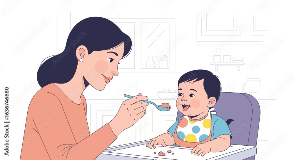Fototapeta premium Loving Mother Feeding Her Smiling Baby in a Highchair At Home Kitchen