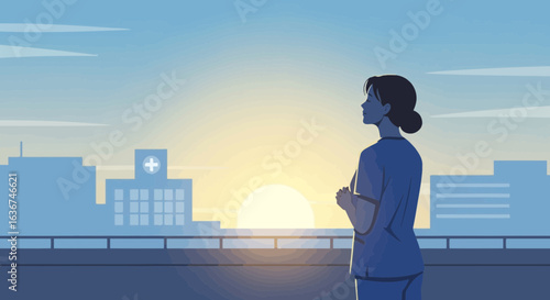 Nurse looking at the sunrise with a hospital background, representing hope and resilience after a difficult time