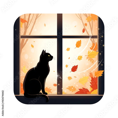 Elegant feline silhouette observing the vibrant autumnal leaves swirling beyond the window pane in a serene and stylized indoor setting