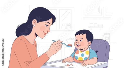 Loving Mother Feeding Her Smiling Baby in a Highchair At Home Kitchen