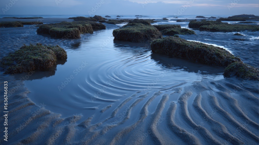 Obraz premium Serene Ocean Landscape with Tide Pools and Rocky Outcrops at Dusk