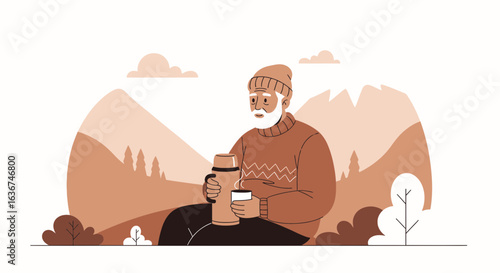Old Man Enjoying A Hot Drink In Nature From Thermos Flat Design Style