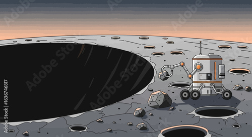 Lunar Surface Exploration Illustration With Rover Near Crater In a Distant Planet