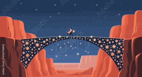 Magical bridge crossing a canyon under a starry sky with a figure holding light