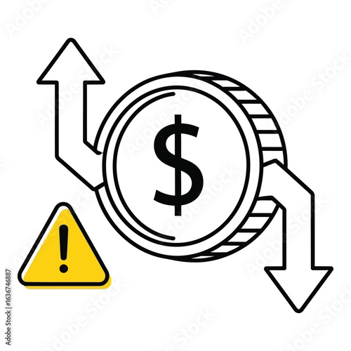 Vector art of financial risk concept with dollar coin and warning sign isolated on white background