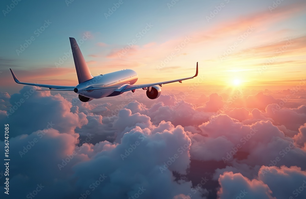 Obraz premium Airplane flies above colorful clouds during sunset. Aircraft journey through sky with pastel colors atmosphere. Passenger travel adventure high up over cloudscape horizon.