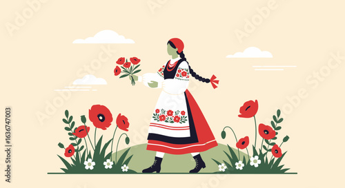 Maiden In Embroidered Dress And Poppies, Rural Scene Illustration
