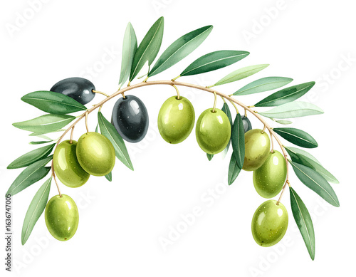 Curved Olive Branch with Mixed Green and Black Olives, isolated on a transparent background.