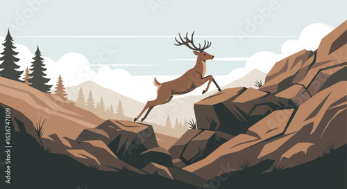 Majestic Deer Leaping Across Rocky Terrain Amidst Mountainous Landscape In Autumn Hues