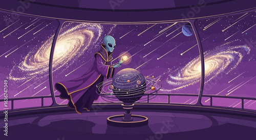 Otherworldly Astronomer Contemplating Cosmic Wonders on a Celestial Observatory Deck