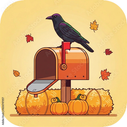 Autumnal Raven Perched on Mailbox: A Whimsical Illustration of Harvest Season and Countryside Charm with Scattered Leaves