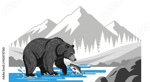 Majestic Encounter A Bear Hunts A Salmon In A Breathtaking Mountain Stream